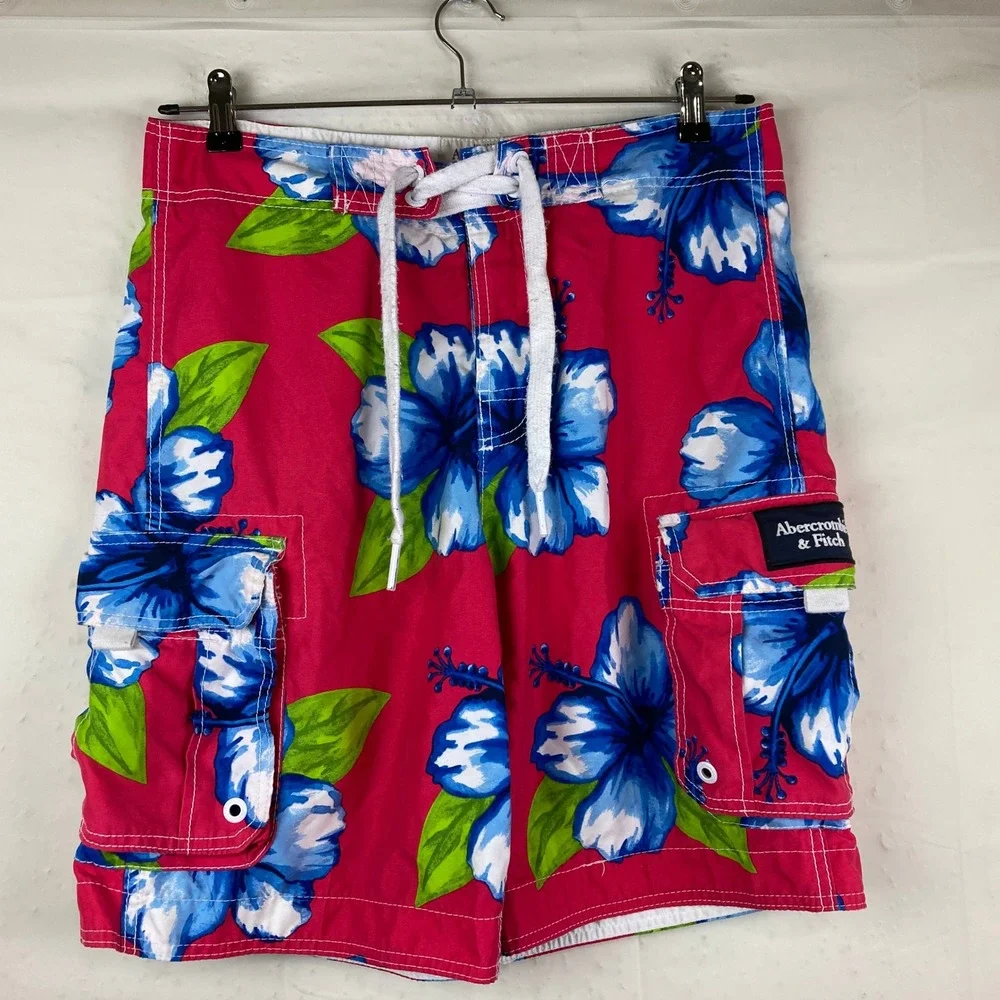 Abercrombie‎ Y2K Board Shorts Mens M Pink Blue Floral Cargo Tropical Beach Surf